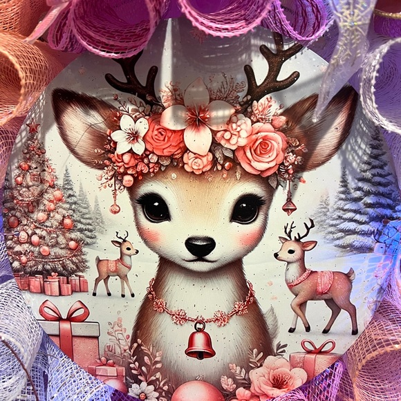 Handmade Pink Winter Floral Reindeer Holiday Ribbon Door Wreath 22 ins W82 - Picture 4 of 12